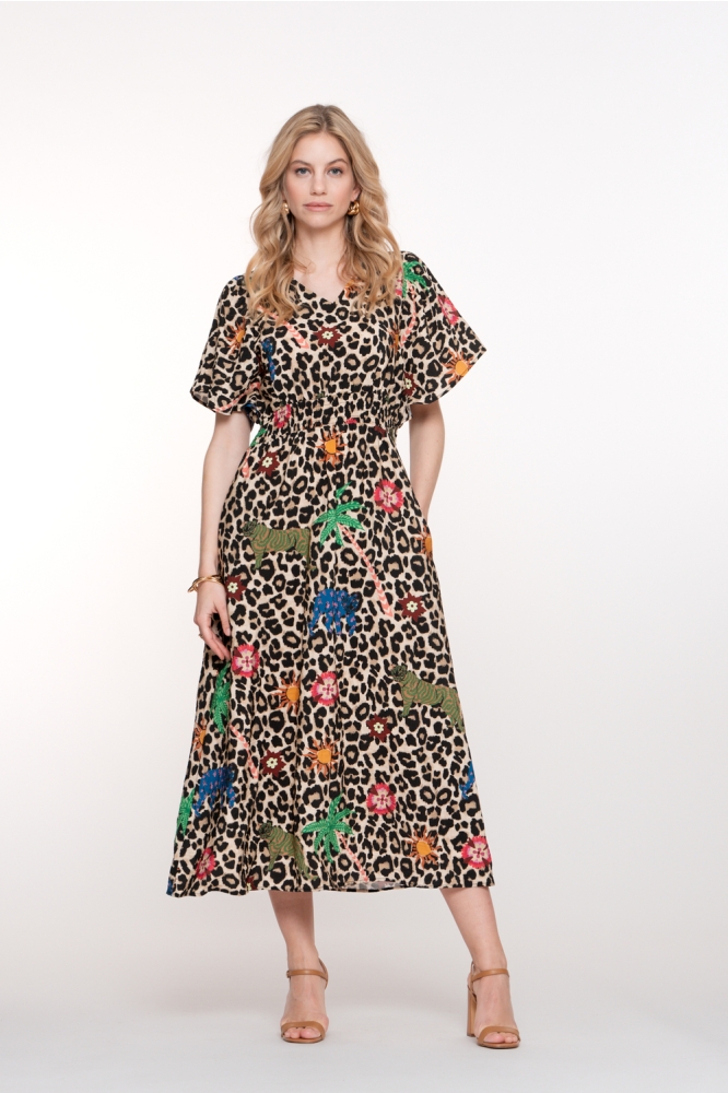 LEOPARD MAXI JURK MET KLEURRIJKE DETAILS 57348 20 000720 SAND/GREEN/BLUE